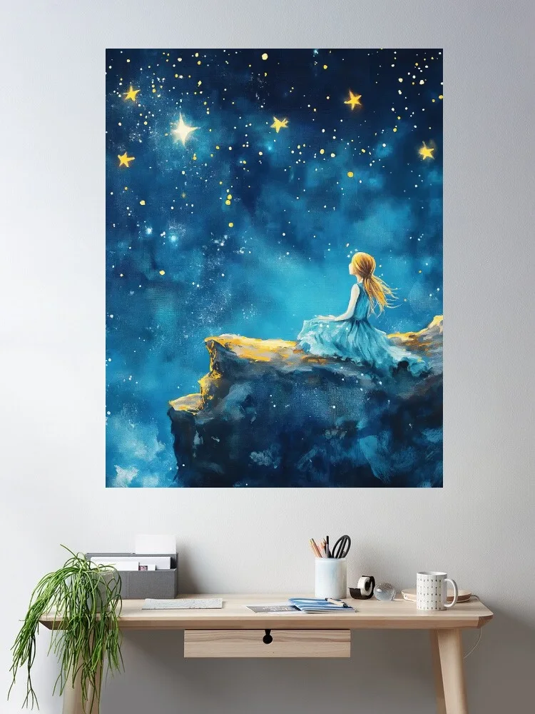 Girl Wish Upon Star Starry Night Sky Painting Canvas POSTER ,Home Decor Wall art painting
