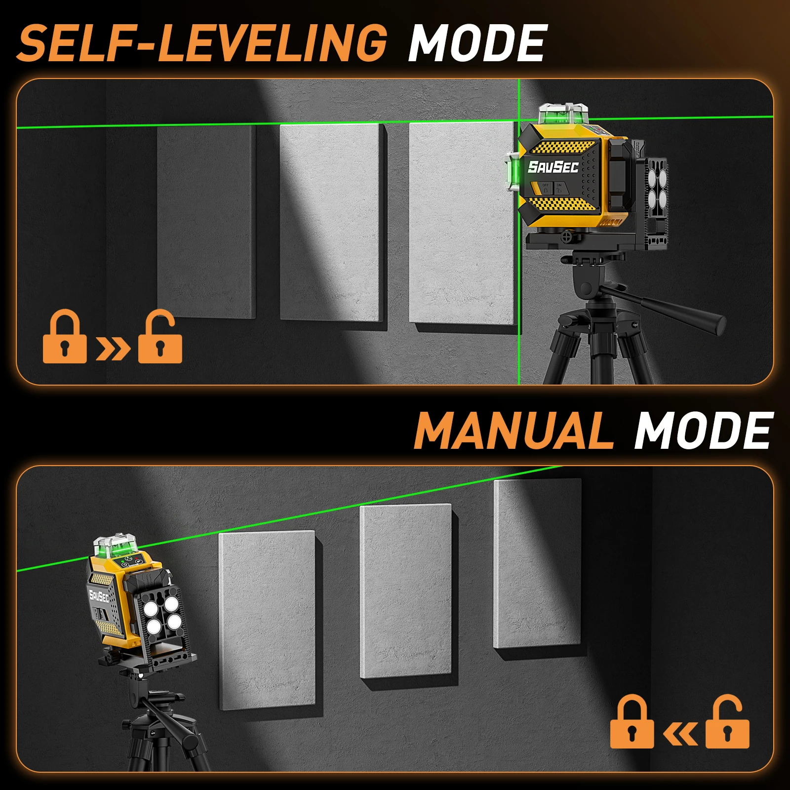 SAVSEC 12 Lines Laser Level 3D Green Self-Level Laser Line Tool with Integrated Magnetic Bracket