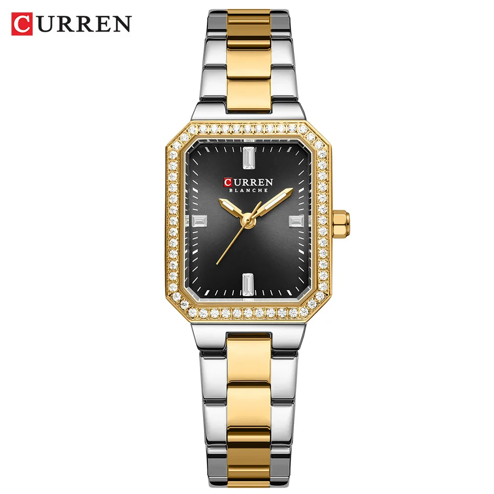 CURREN Luxusmarkenuhren für Damen, schlichtes rechteckiges Zifferblatt mit funkelnden Strasssteinen, lässige Quarz-Armbanduhr mit Leuchtfunktion 6