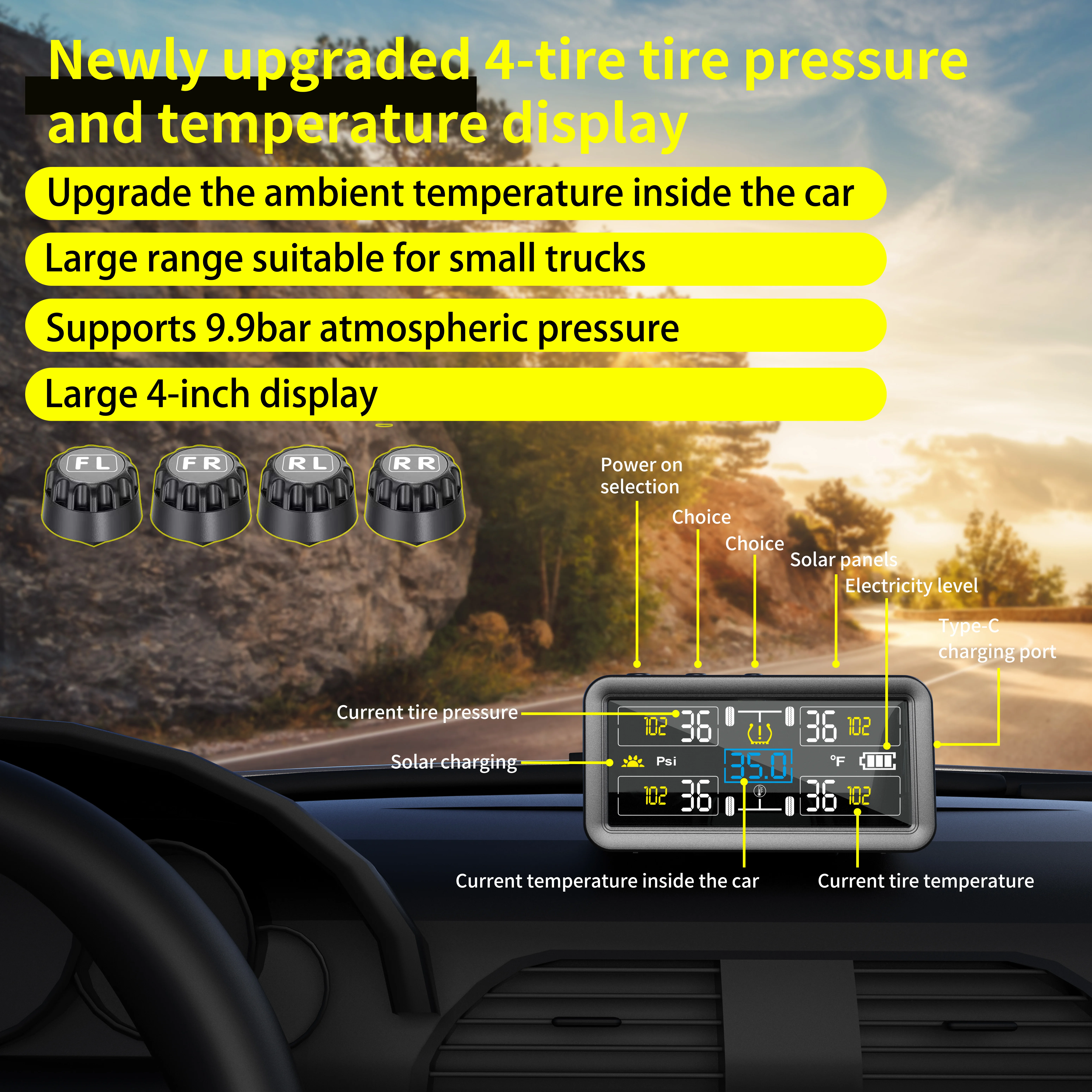 Solar TPMS Tire Pressure Monitor 0-9.9Bar 4 Wheel External Wireless High Precision Digital Display Universal for Car