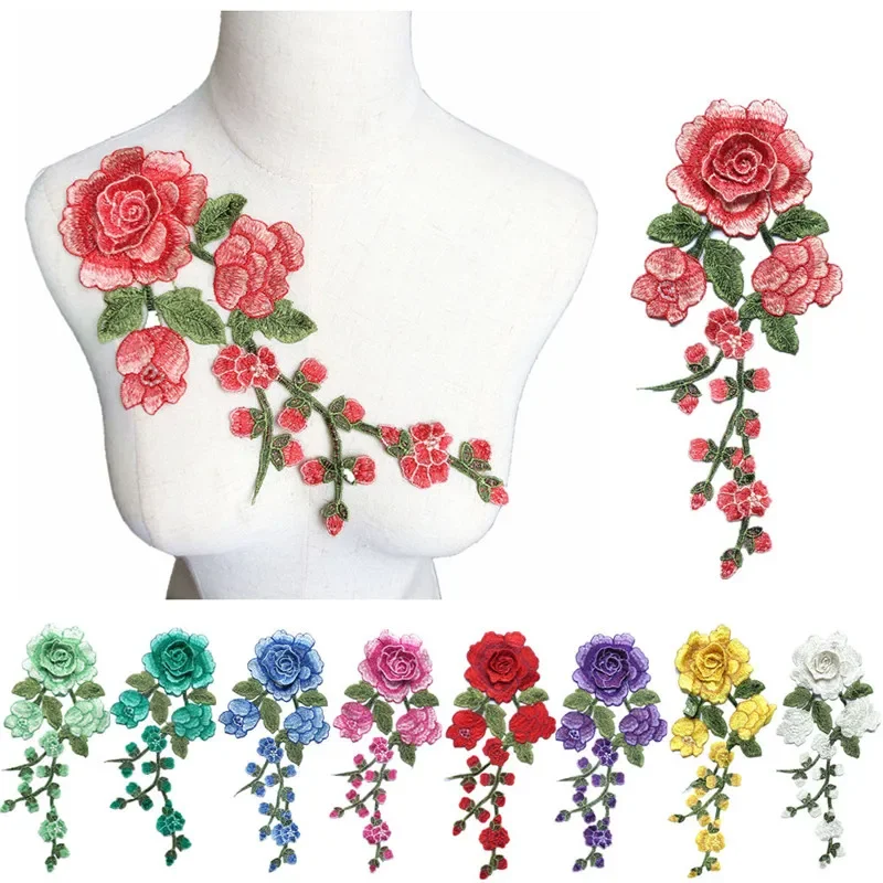 29CM Red Blue Embroidered Sew Patch Rose Flowers 3D Peony Wedding Appliques Lace Trims For Bride Evening Dress DIY Decoration