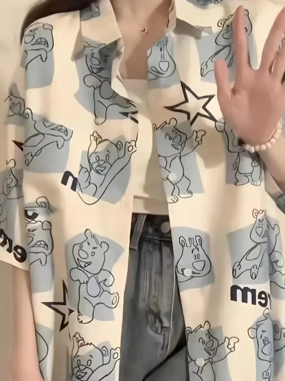 

Salt Series Cute Bear Print Loose Women's Shirt Summer Casual Collar Short Sleeve Polyester Fabric Versatile for Couples