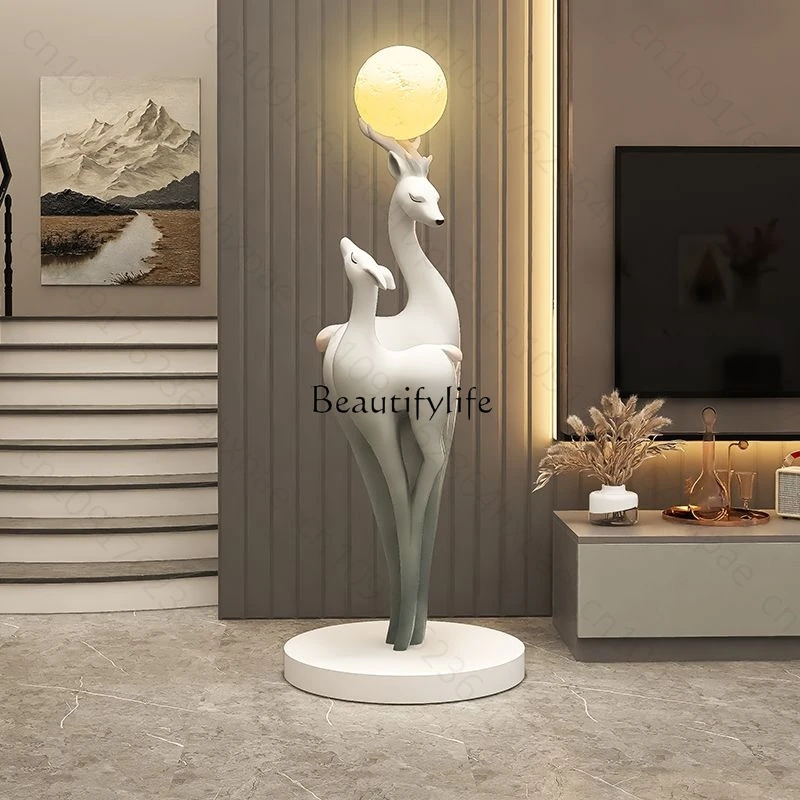 

Large Deer Floor Sculpture with LED Night Light Luxury Reindeer Art Statue for Living Room Home Decor Standing Floor Ornament