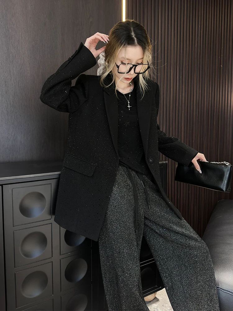 

Spring 2026 Women's Loose Fit Long Sve Heavy Embroidery oulder Straight Diamond Heating Collar Stand up Coat Jaet