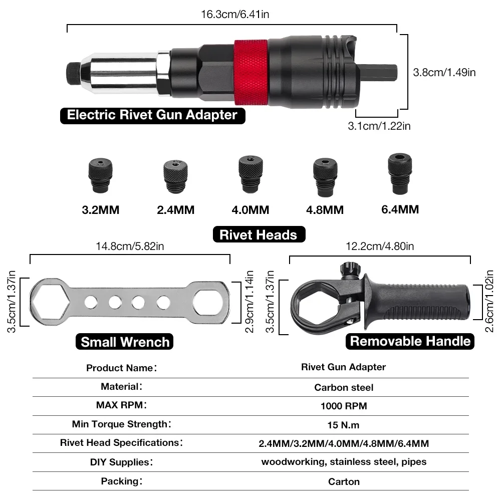 Electric Rivet Nut Tool Adapter Insert Nut Riveting Tool 2.4MM/3.2MM/4.0MM/4.8MM/6.4MM Home Cordless Rivet Nut Gun Converter