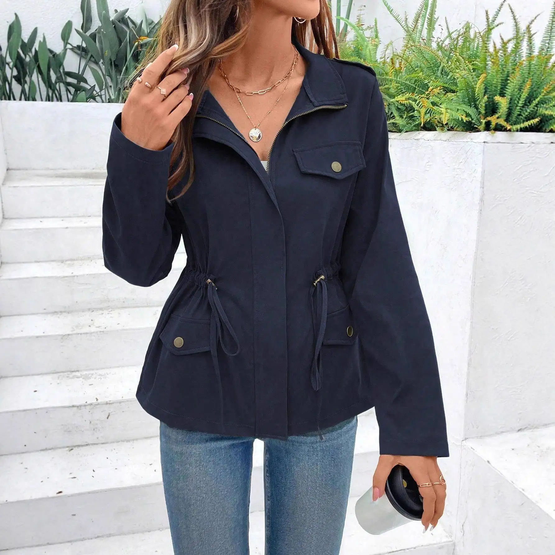 Gilet casual Dstring Lungo Sve Color Capispalla da donna Faionable Autunno Inverno plus Size Jaet in poliestere