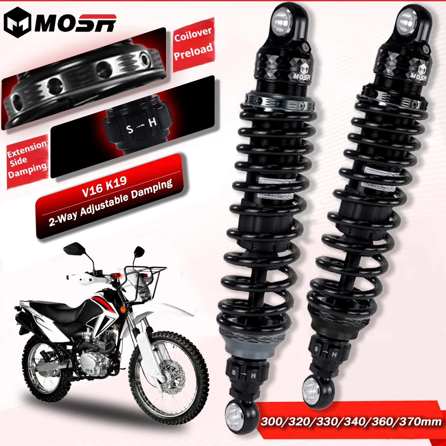 JSMT For Lifan V16 K19 Dual Adjustable Shock Absorber Preload Rebound 300-370MM Rear Suspension Parts