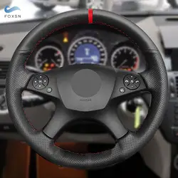 Braids on Car Inner Steering Wheel For Mercedes Benz C Class W204 2007 2008 2009 2010 2011 Microfiber Leather Cover Trim red bar