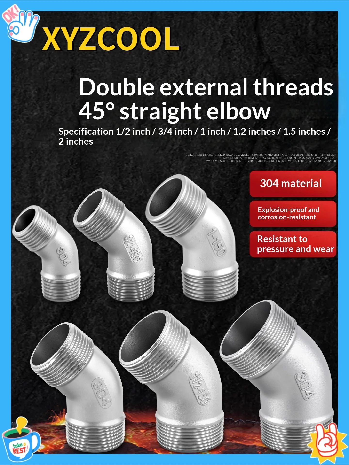 304 stainless steel 45 degree double external wire elbow 135 ° external wire thread elbow external tooth elbow 1 inch 2 inches