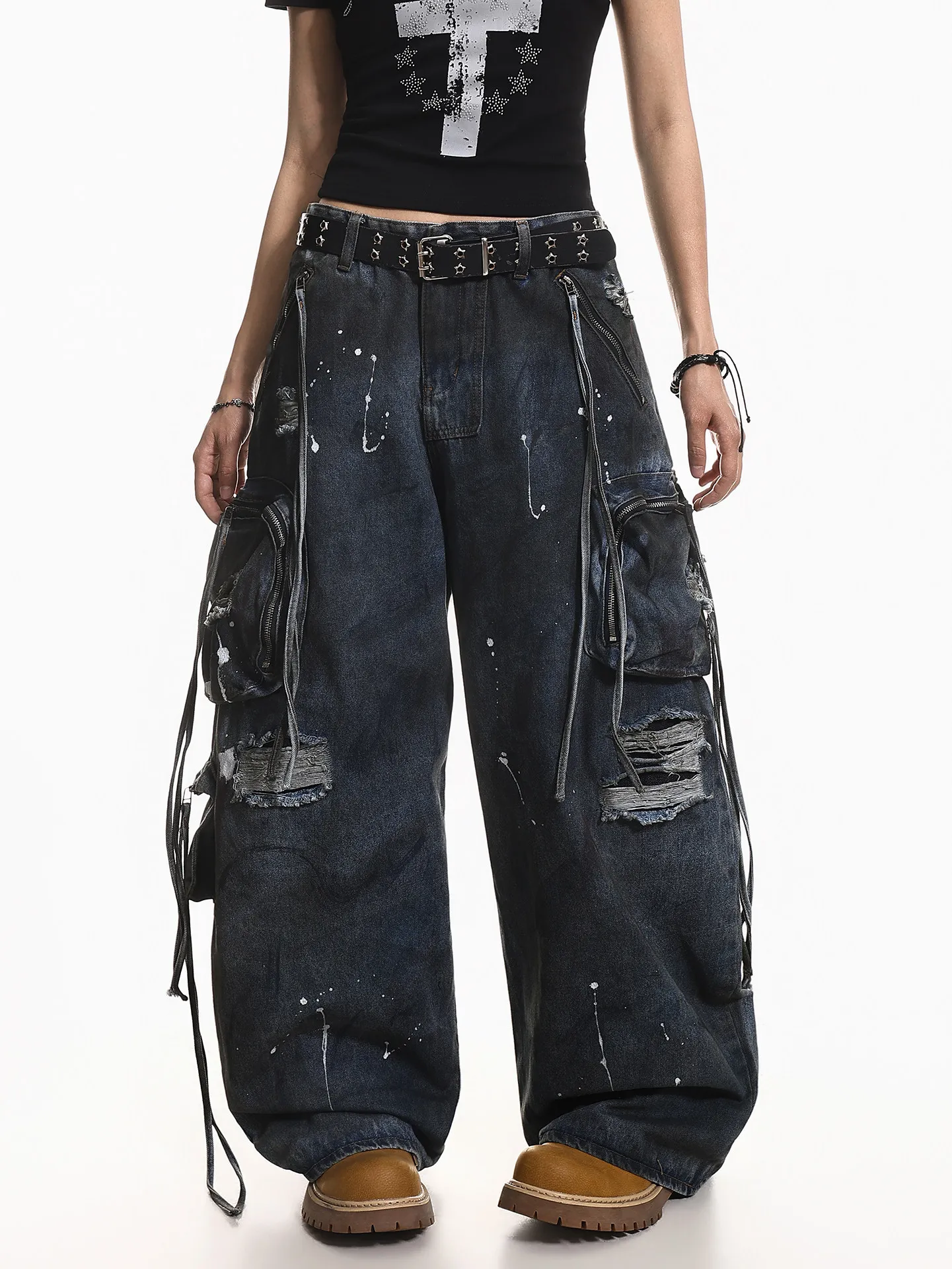 Y2K Harajuku Gothic Multi-Pocket Washed Black Jeans Men And Women 2000s Heavy Industry Drag Pants Street Hip Hop Wide Leg Pants