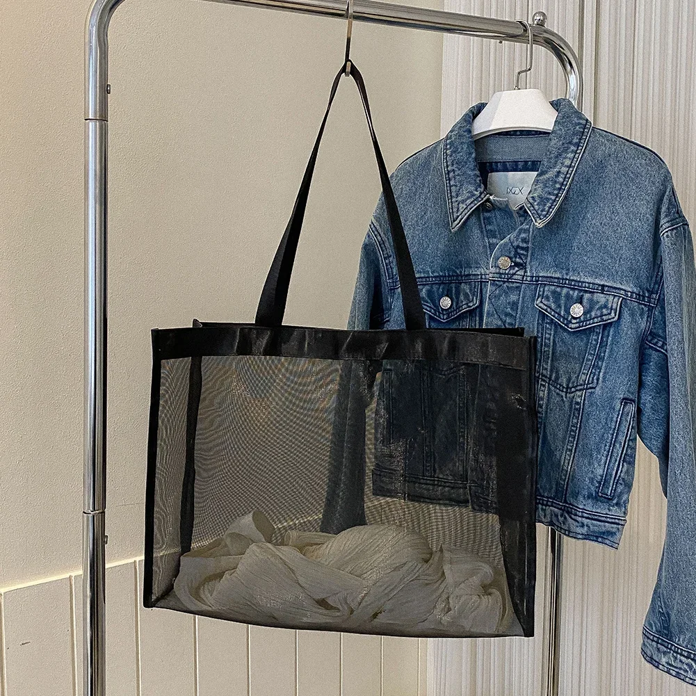 

Модная сумка для покупок, большая вместительная сетчатая сумка с верхней ручкой, однотонные сумки для хранения, прозрачные универсальные сумки для пляжного плавания