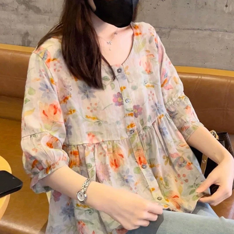 2023 Summer New Vintage Floral Printing Shirt Women Round Neck Three Quarter Ruffles Cardigan Female Fashion Loose Casual Tops