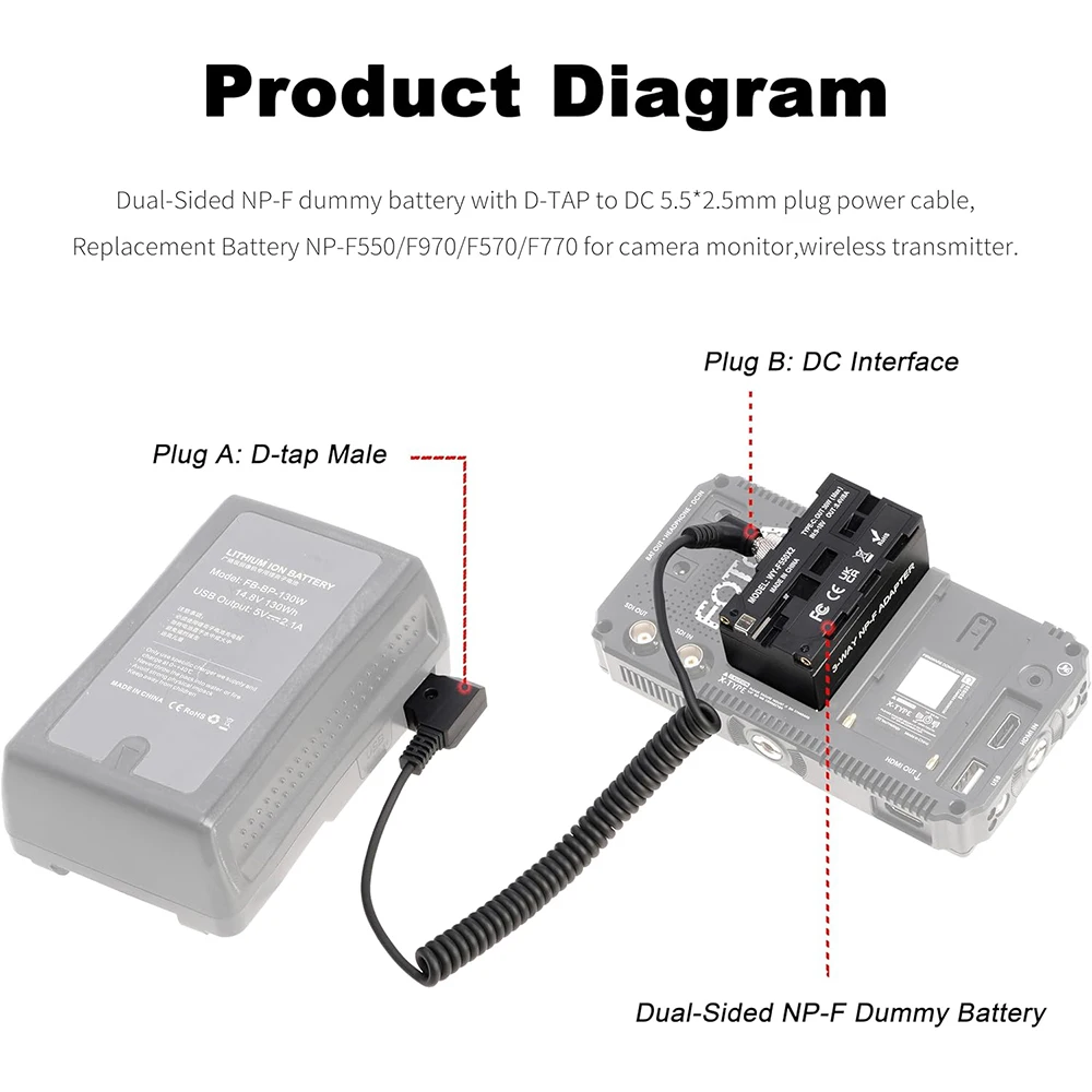 FOTGA Dual-Side NP-F Dummy Battery Adapter NP-F550/F750/F970 for Camera Monitor Wireless Transmitter D-tap to DC 5.5*2.5mm Cable