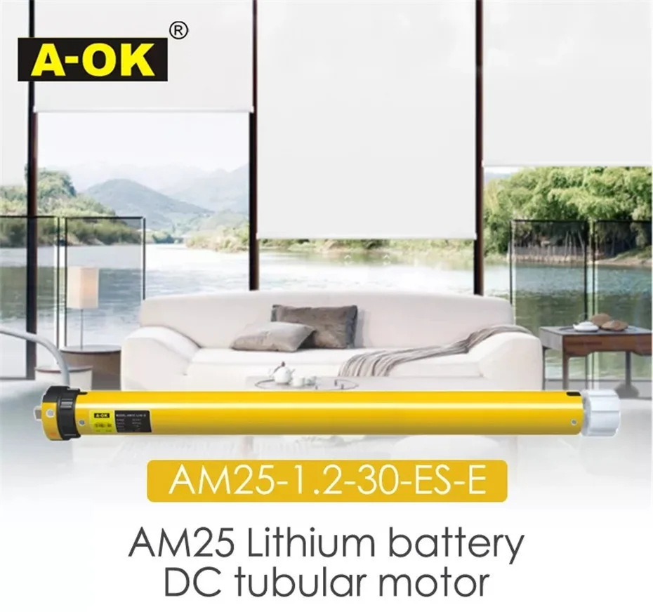 A-OK AM25 1.2/30 Rolling Tubular Motor,RF433 Remote,Built-in Li Battery Motor,for Rolling/Roman Curtain/Sun Blinds,for 38mm Tube