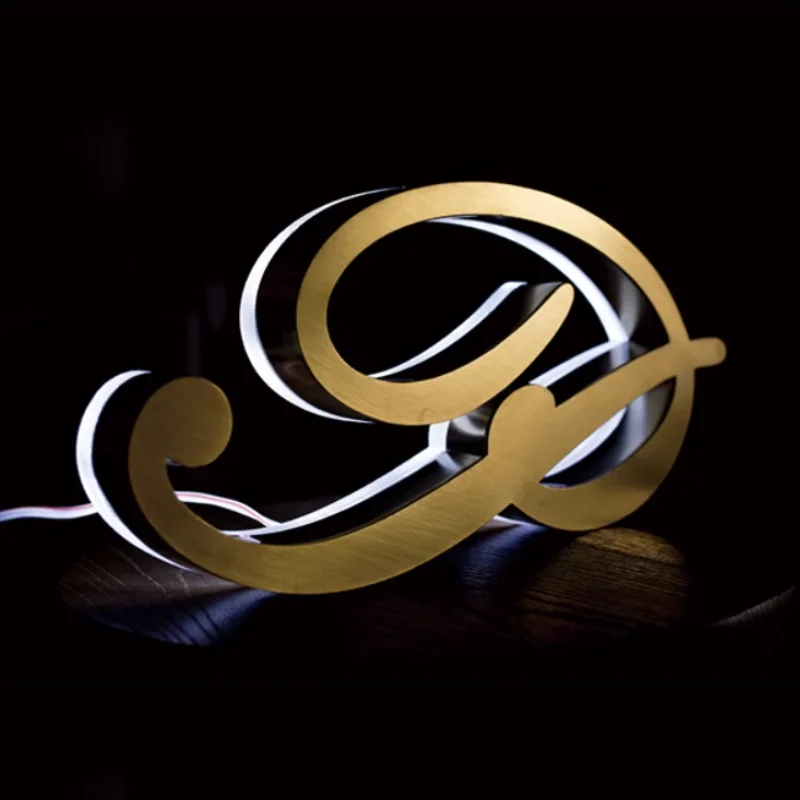 Custom Made Outdoor Achtergrondverlichting Gold Rvs Led Letters, Back Lit Winkel Business Logo Uithangbord