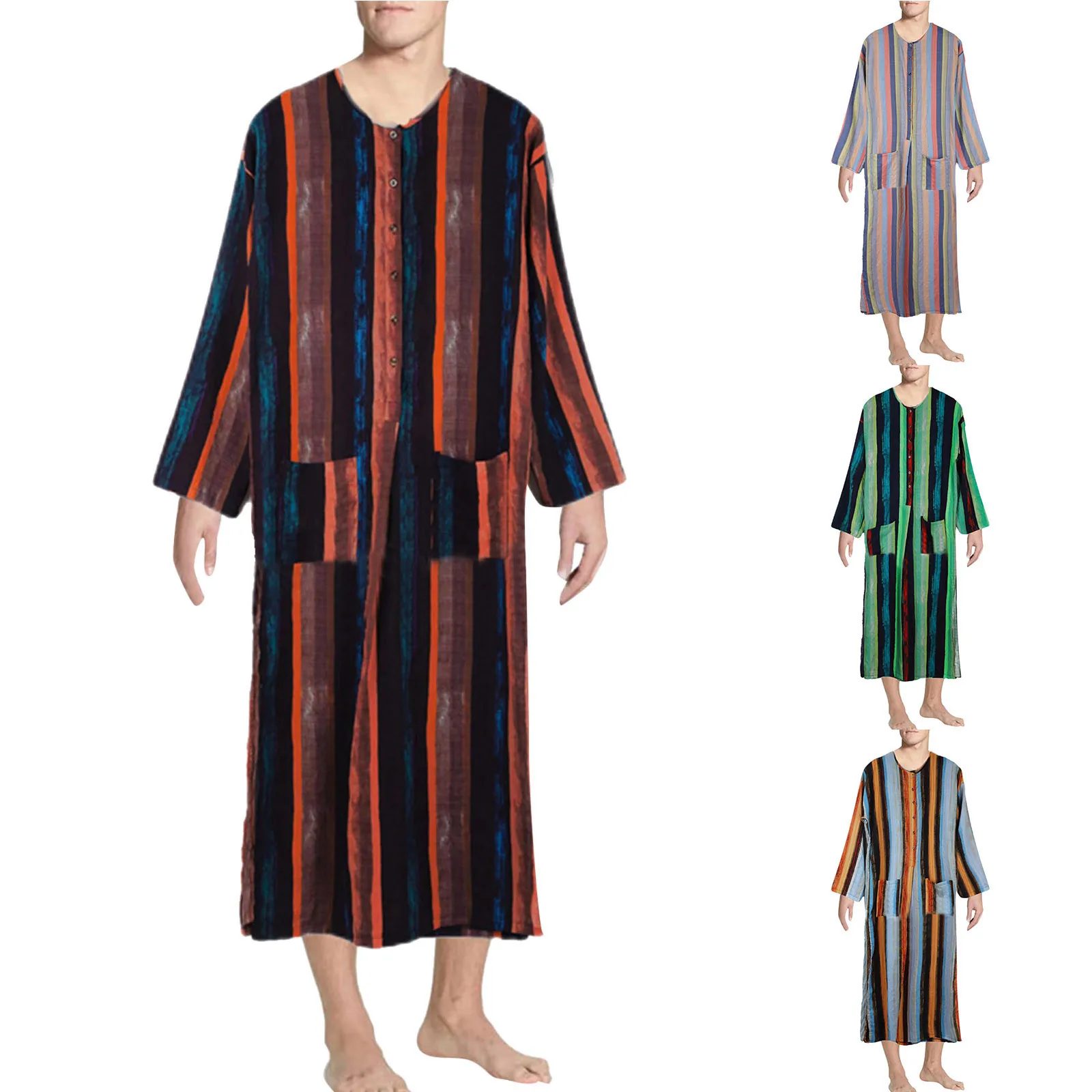 

Spring And Autumn New Middle Eastern Clothing Long Sleeve One-piece Arab Men's Striped Printed Muslim Robe