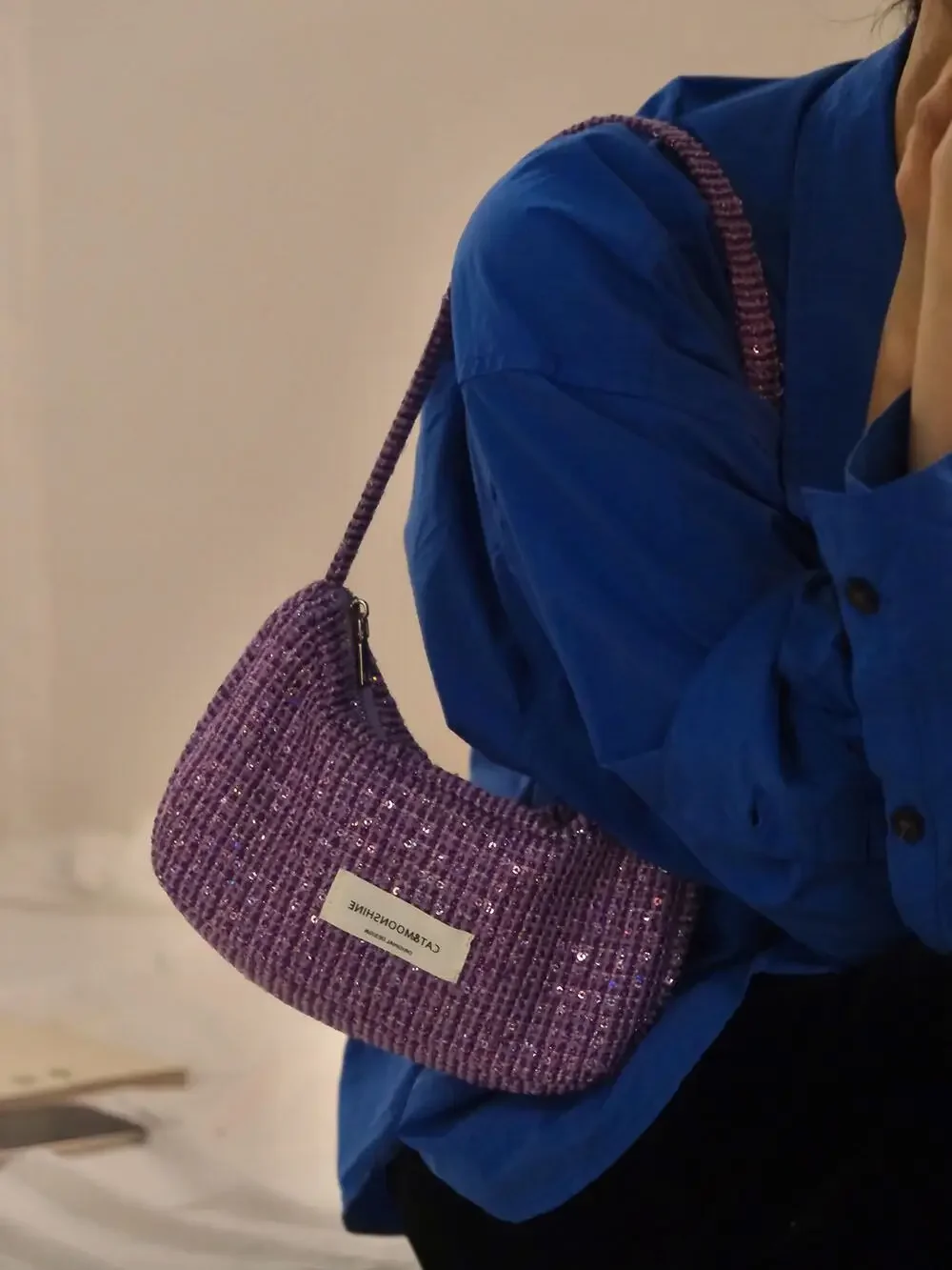 elegancka fioletowa damska torba na ramię Hobos cekinowa konstrukcja kobiece torby pod pachami torba pod pachami mała kopertówka torebki z zamkiem błyskawicznym — zdjęcie 3