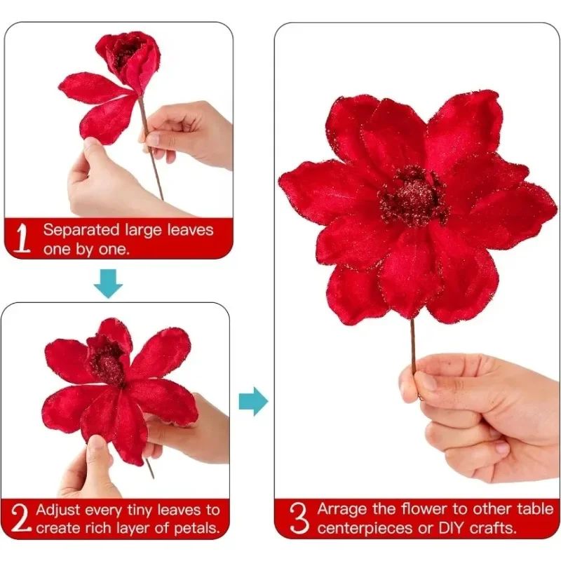 1/10x كبير بريق زهور عيد الميلاد الاصطناعي شجرة عيد الميلاد الأزهار الحلي DIY بها بنفسك زهرة البونسيتة الحمراء السنة الجديدة ديكور المنزل