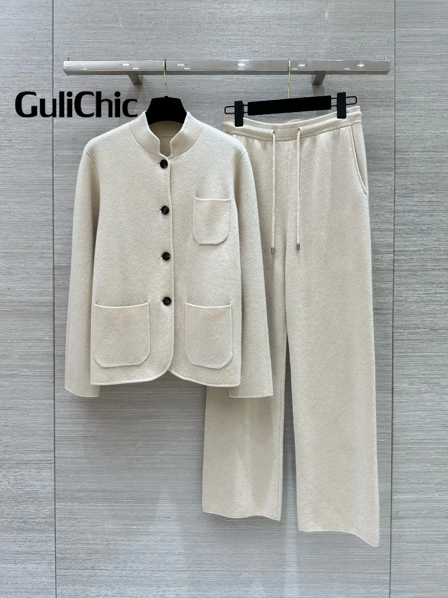 9.5 GuliChic 2024 Temperament Cashmere Knit Set Stand Collar Single-Breasted Pocket Cardigan +High Waist Straight Pants Women