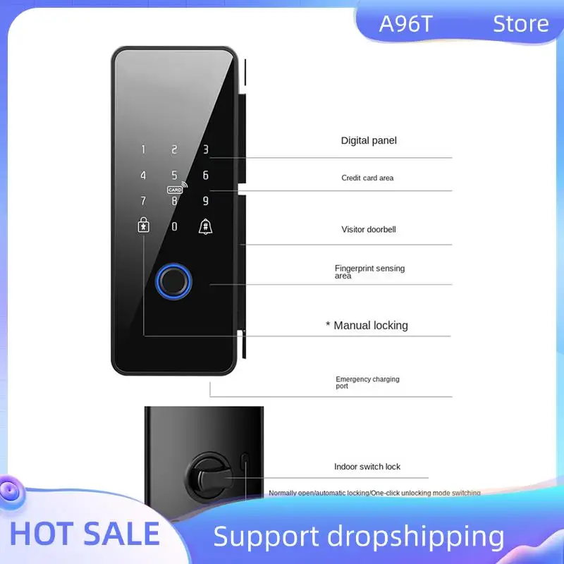 

A96T 2X Waterproof Tuya Wifi Smart Door Lock Fingerprint Electronic Rim Lock For Glass Door,Style 1