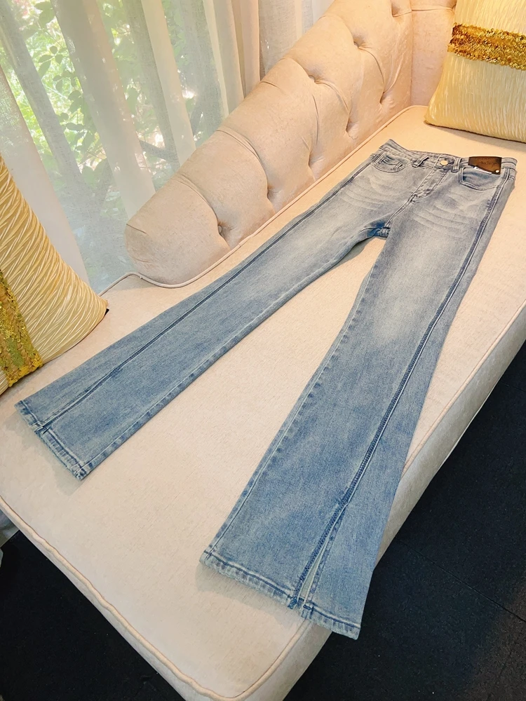 

Утягивающие синие джинсы с высокой талией в стиле ретро, женские расклешенные джинсовые брюки, весна-осень, модная хлопковая эластичная ткань с разрезом