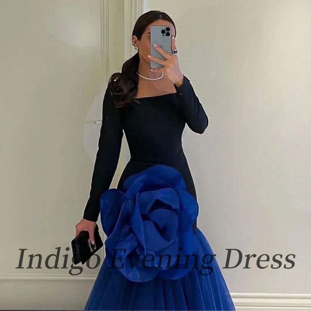 Indigo Royal Tulle Prom Dress Square Neck Floor-Length A Line Flower Women Formal Party Vintage Dress فساتين السهرة Customized