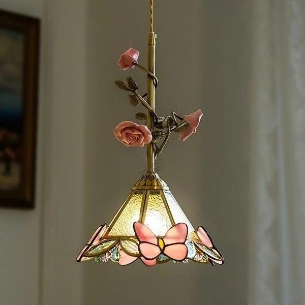 

Retro Brass Hanging Light French Hand Soldered Glass Small Pendant Lamp Warm Bedside LED Pendant Light Pink Butterfly Chandelier