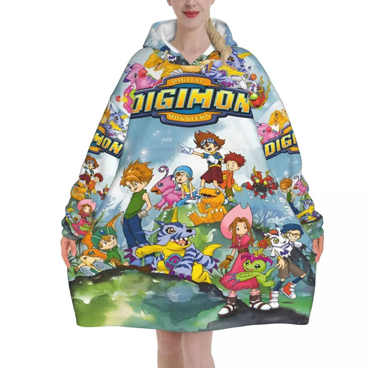 Digital Monster Digimon Oversized Deken Hoodie Sweatshirt Lange Fleece Capuchon Draagbare Deken met Grote Zak voor Dames Heren