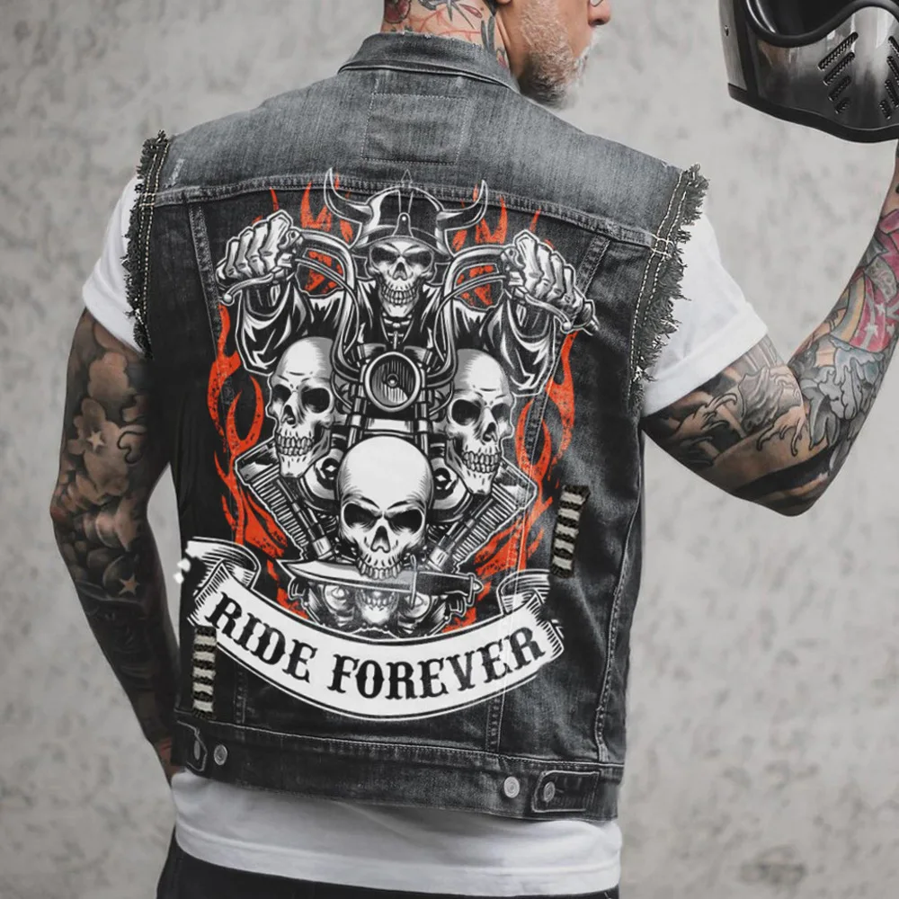 

Men's Denim Waistcoat Sleeveless 2023 New Gothic Style Personalized Skull Head Printing Pattern Motorcycle Riding Punk