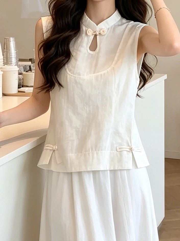 Elegant Chinese Style Button up Vest Women's Sleeveless Summer Top Peach Color Breathable Casual Fashion Polyester Fiber