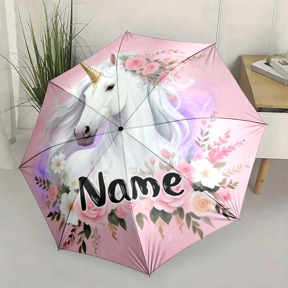 Custom Name Umbrella, Fantasy Unicorn with Floral Design on Pink Background Folding Umbrella for Sunny and Rainy,Gift