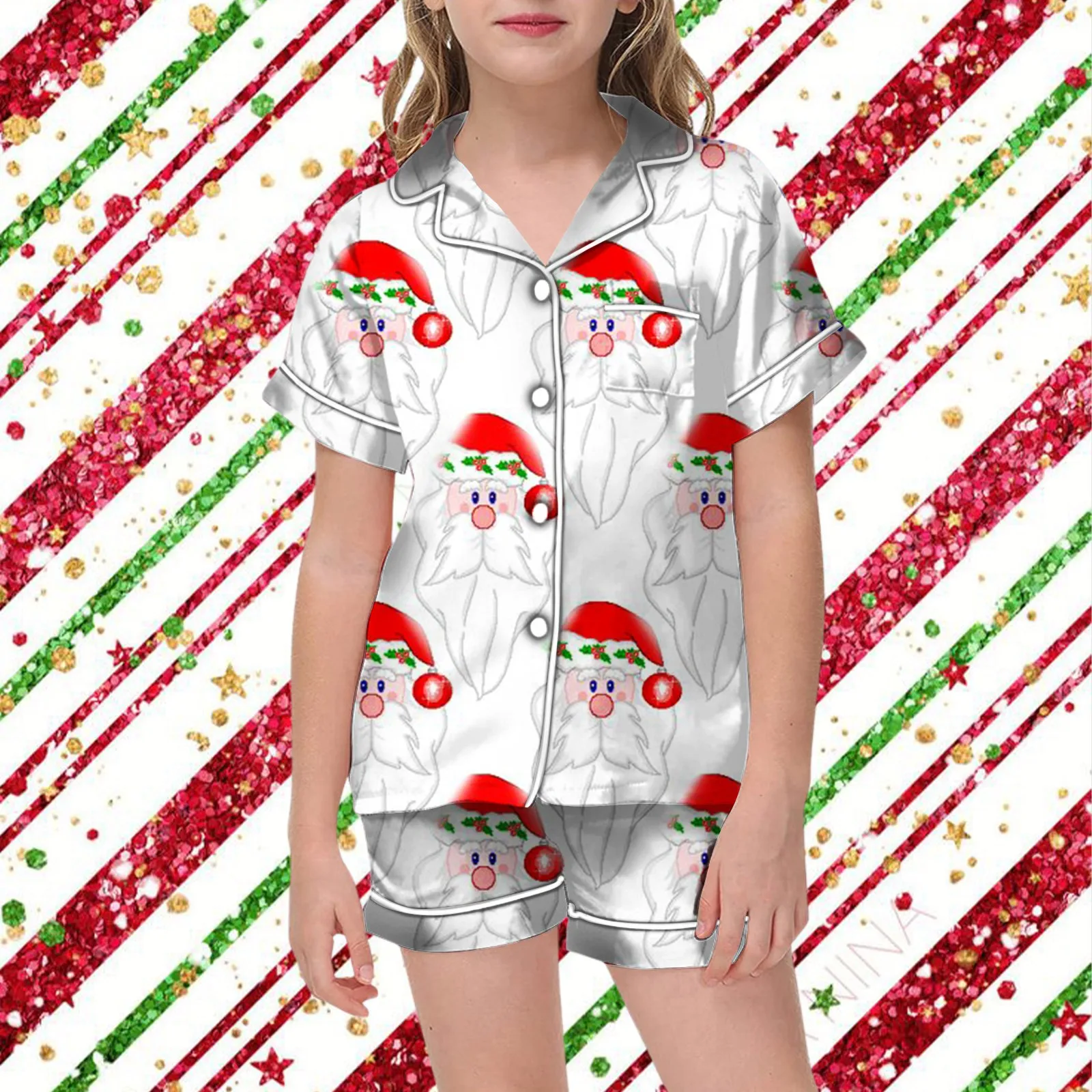 New Christmas Satin Pajama 2 Pieces Set Baby Girls Christmas Print Short Sleeve Button Closure Top With Shorts Sleepwear Outfits