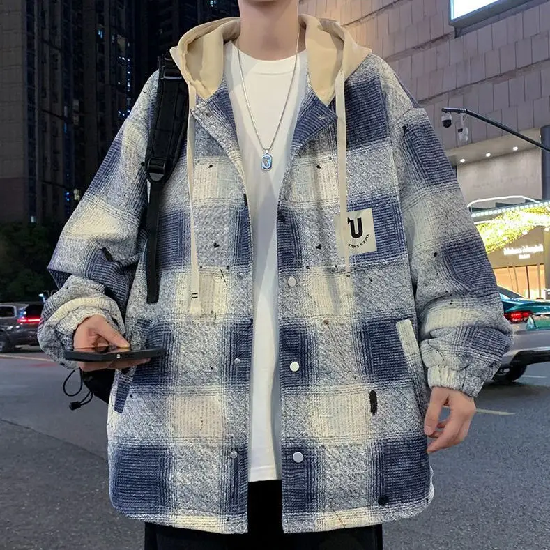 American high street men and women trendy personalized hooded cardigan sweatshirt couple loose retro plaid casual jacket top y2k