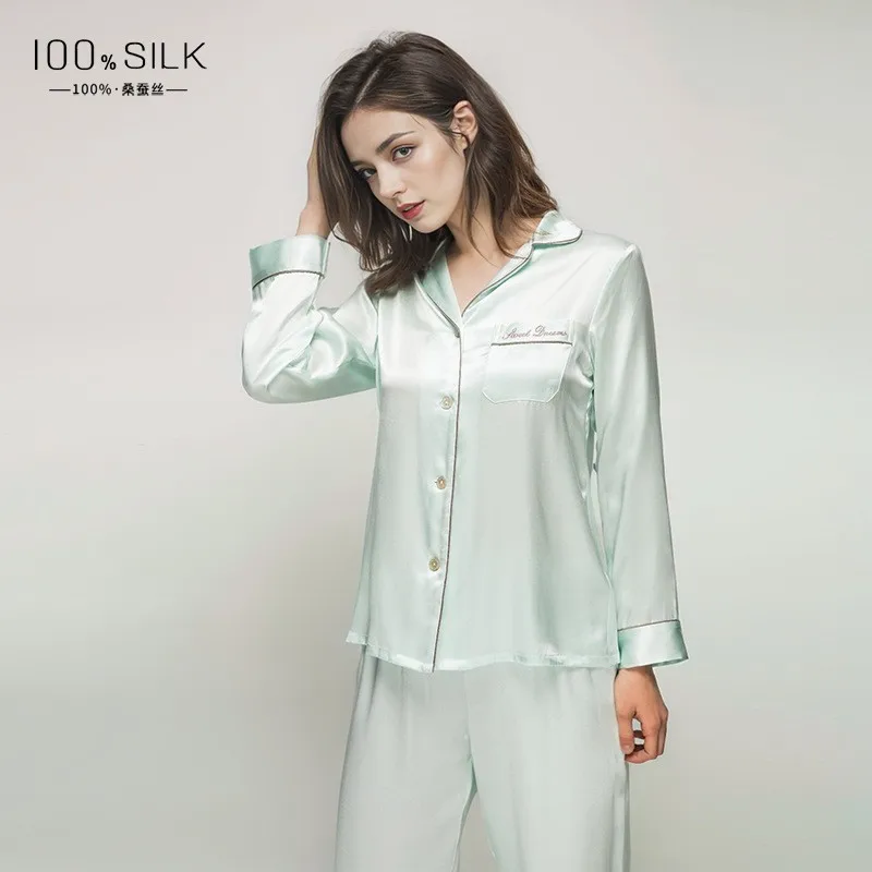 Women 100% Mulberry Silk Pajamas Set Long Sleeve Solid Color Breathable Sleepwear Loungewear Gift for Her