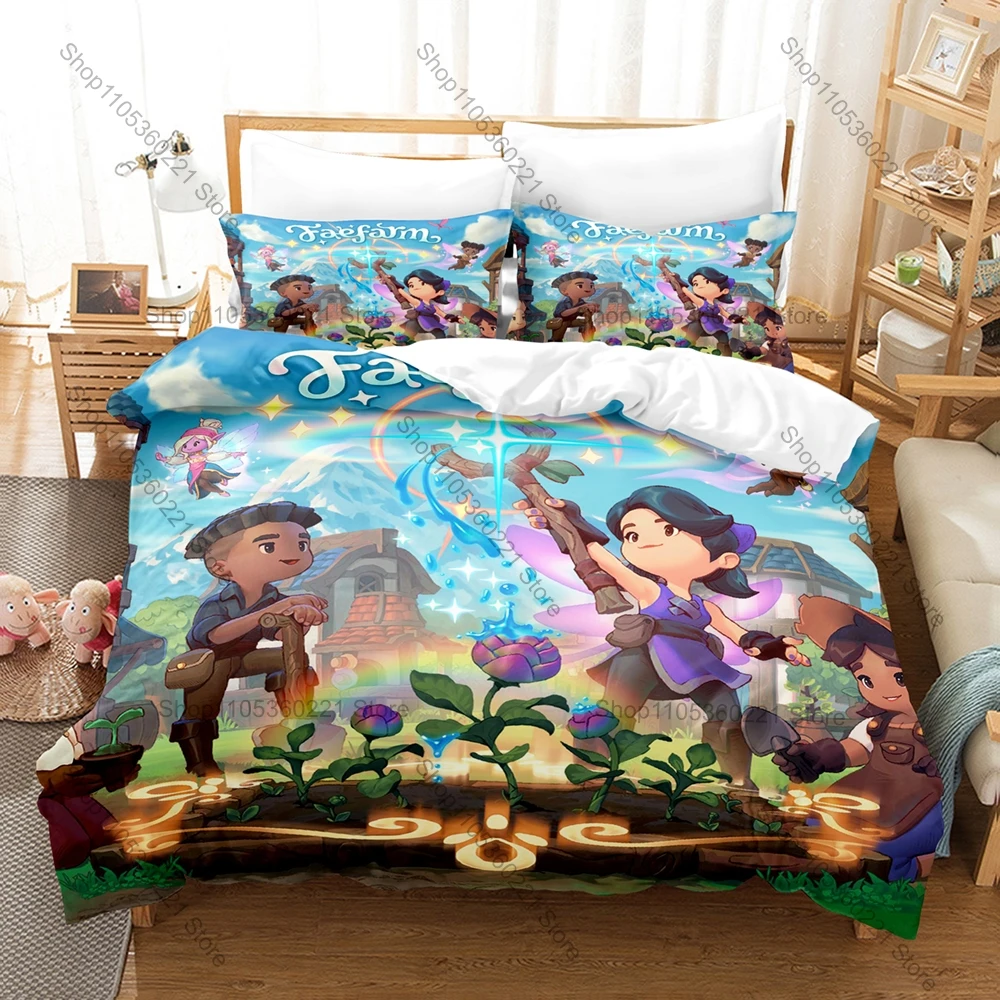 Cool Fae Farm Azoria Magical Farming Simulation Game HD Print Bedding Set Duvet Cover + 2 Pillowcases Polyester Cozy Game Room D
