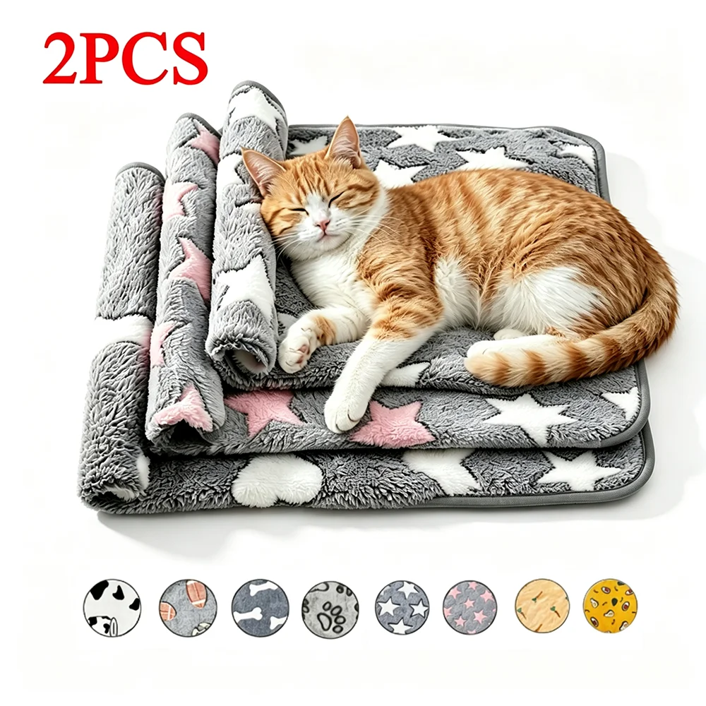 2PCS Winter Pet Blanket Cute Print Dogs Cat Household Pet Sleeping Sheet Cozy & Warm Pad For Small Medium Large Dog Pug Supplies