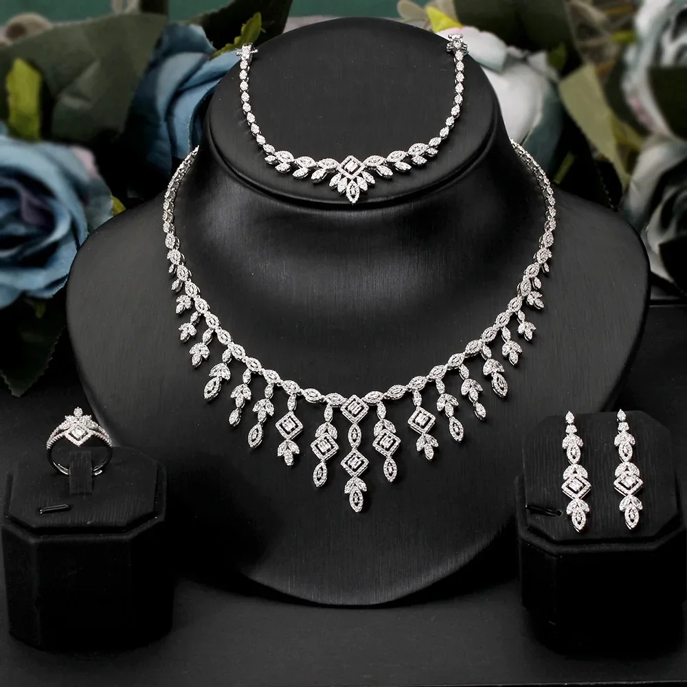 Newly Design 4PCS CZ Jewelry Set Exquisite Cubic Zircon Earrings Necklace Bracelet Ring For Women Wedding Party Accessories Gift