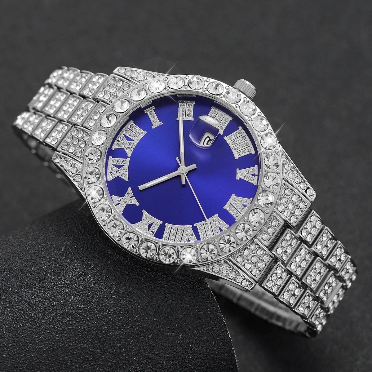 2PCS/Set Ladies' Steel Strip Fashion Casual Full Diamond Roman Blue Dial Quartz Watch And Full Diamond Bracelet（Without Box）