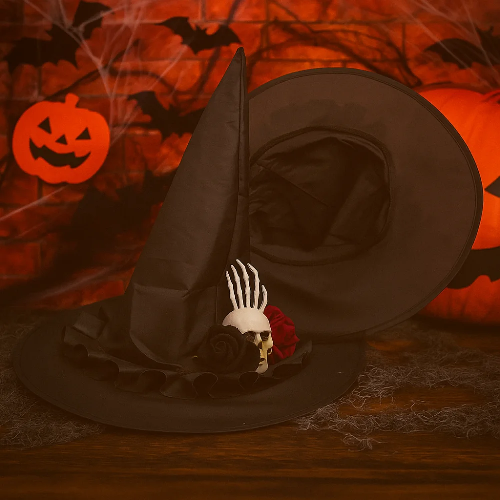 Punk Skeleton Hand Skull Wizard Cap Black Oxford Halloween Witch Hats Flower Decoration Witch Hat Night club