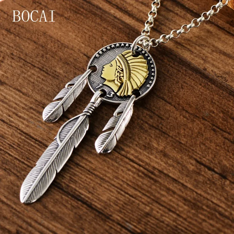 

BOCAI New, S925 Sterling Silver, Fashion Accessories, Feathers, Lndians, Coin Pendants, Men And Women