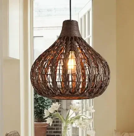 

Birdcage Rattan Lampshade Vintage Hand Knitted Wicker Pendant lamp Vintage Retro Coffee Shop Restaurant Bar Wood Hanging Lamp