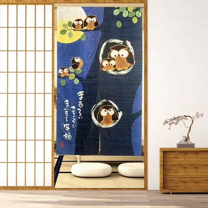 Cartoon Owl Cherry Blossom Door Curtain Moon Night Noren Doorway Curtains for Home Decor Kitchen Partition Split Half-curtain