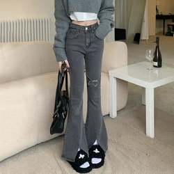 Gray Jeans for Women Y2k High Waist Flared Pants Slit Elasticity Slim Vintage Streetwear Denim Trouser