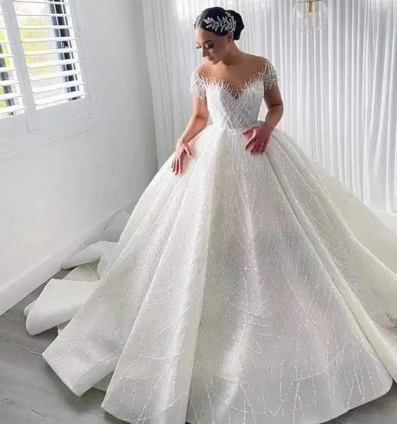 

2023 Arabic Aso Ebi Luxurious Wedding Dress Pearls Sheer Neck Beads African Bridal Gowns Women Customed Vestidos De Noiva