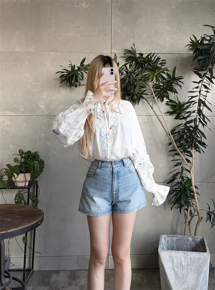 

Susan Organic Cotton Embroidered Lantern Sve Loose irt Casual Sle Женский модный топ Дышащий удобный длинный S...