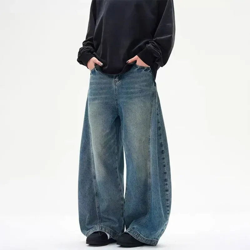 

American Retro Casual Scimitar Design Jeans, Men's Four Seasons New Fashion Water Washing Loose Wide Leg Trousers Long Jeans