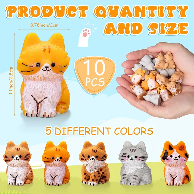 10Pcs Mini Cat Figurines Resin Animal Statues Bulk Tiny Kittens for Hiding Games for DIY Fairy Garden Desktop Pet Party Gift