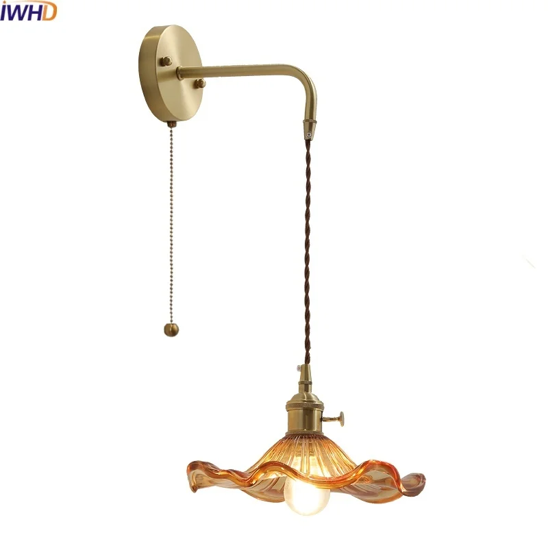 

IWHD Pull Chain Switch LED Wall Light Fixtures Glass Copper Bedroom Living Room Balcony Home Decor Modern Bedside Lamp Lamparas