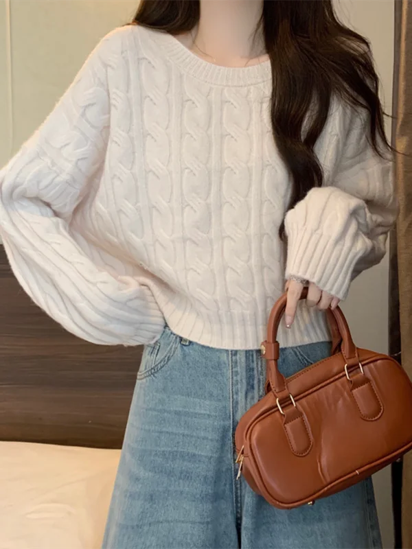 

Свободный вязаный свитер для женщин, осенне-зимний модный дизайн, маленький размер, повседневный стиль, из полиэфирного волокна, с круглым вырезом, топ