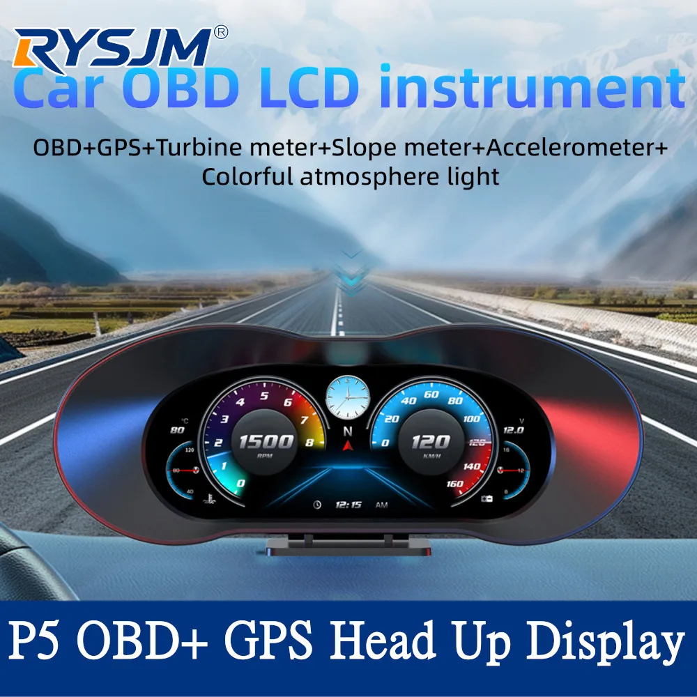 6.2 inch EOBD HUD P5 Head Up Display GPS+OBD Multi Function Digital Speedometer RPM Volt Water/Fuel Temp Meter Over Speed Alarm